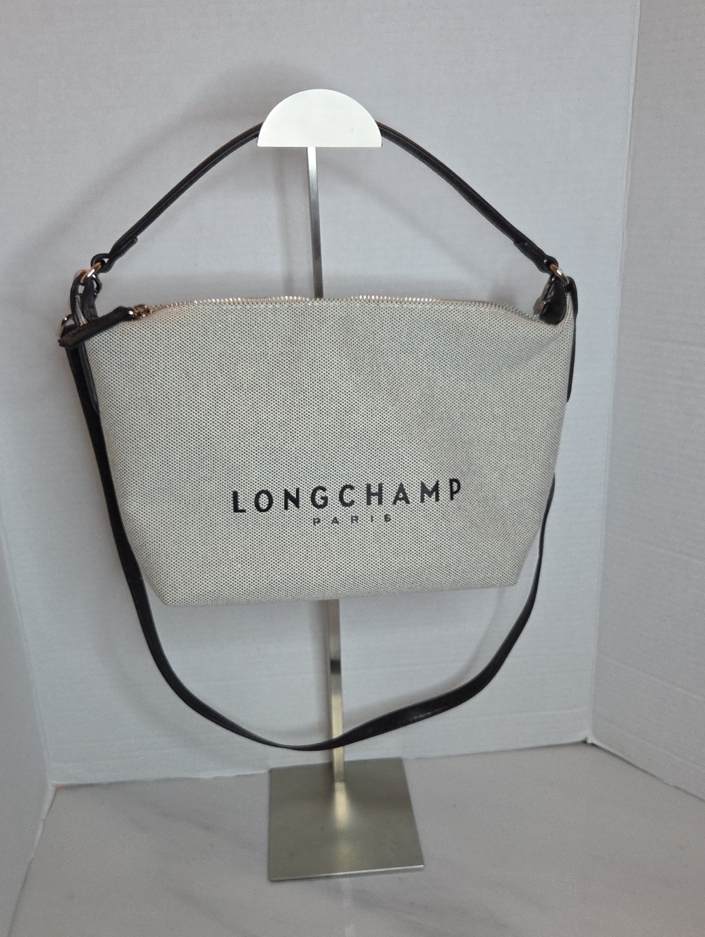 Longchamp Beige Canvas Crossbody Bag with Black Leather Trim
